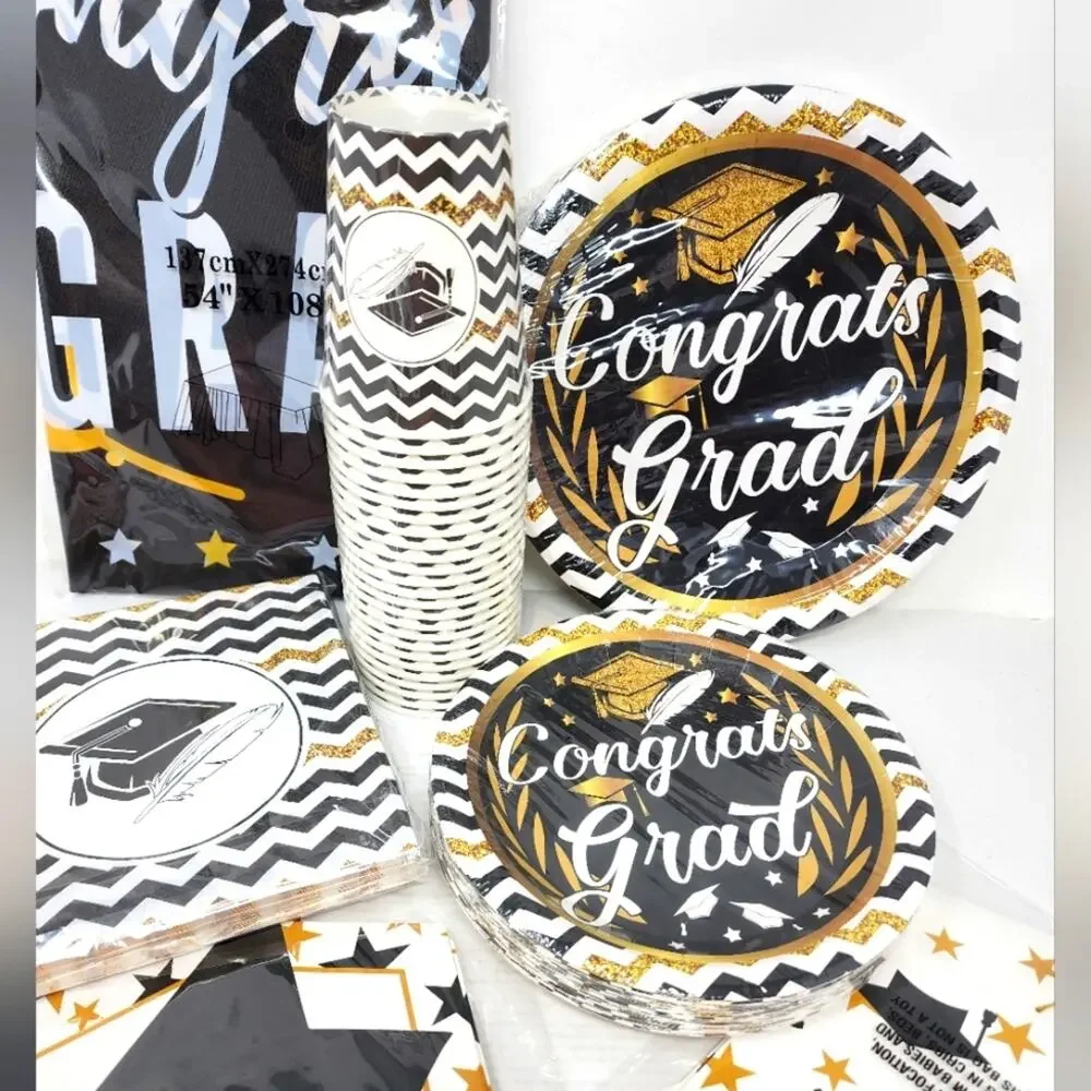 Grad Party Black & Gold Graduation Party Plates Cups‎ Napkins Tablecloth Hangers